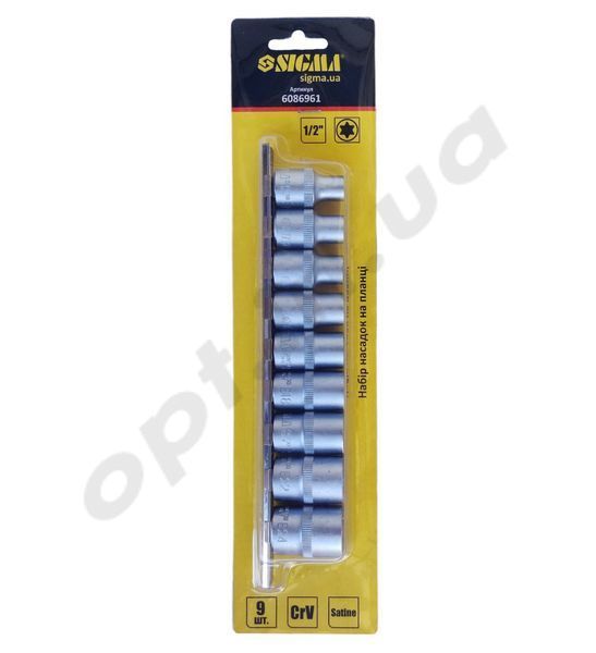 Набір головок Torx 1/2" на планці (9 од.) CrV Sigma (6086961) 51937 фото
